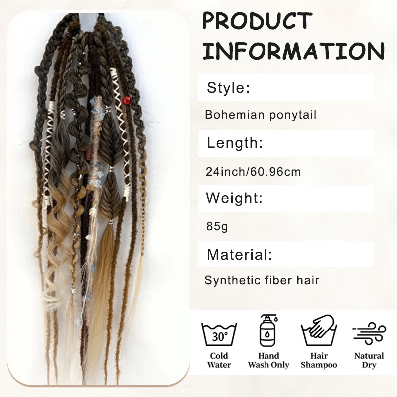 24 Zoll synthetischer Boho-Dread-Pferdeschwanz zum Anklippen, Wikinger-Zopf mit Muschelanhänger-Perlen, Haarverlängerungen für Frauen – Detail 2