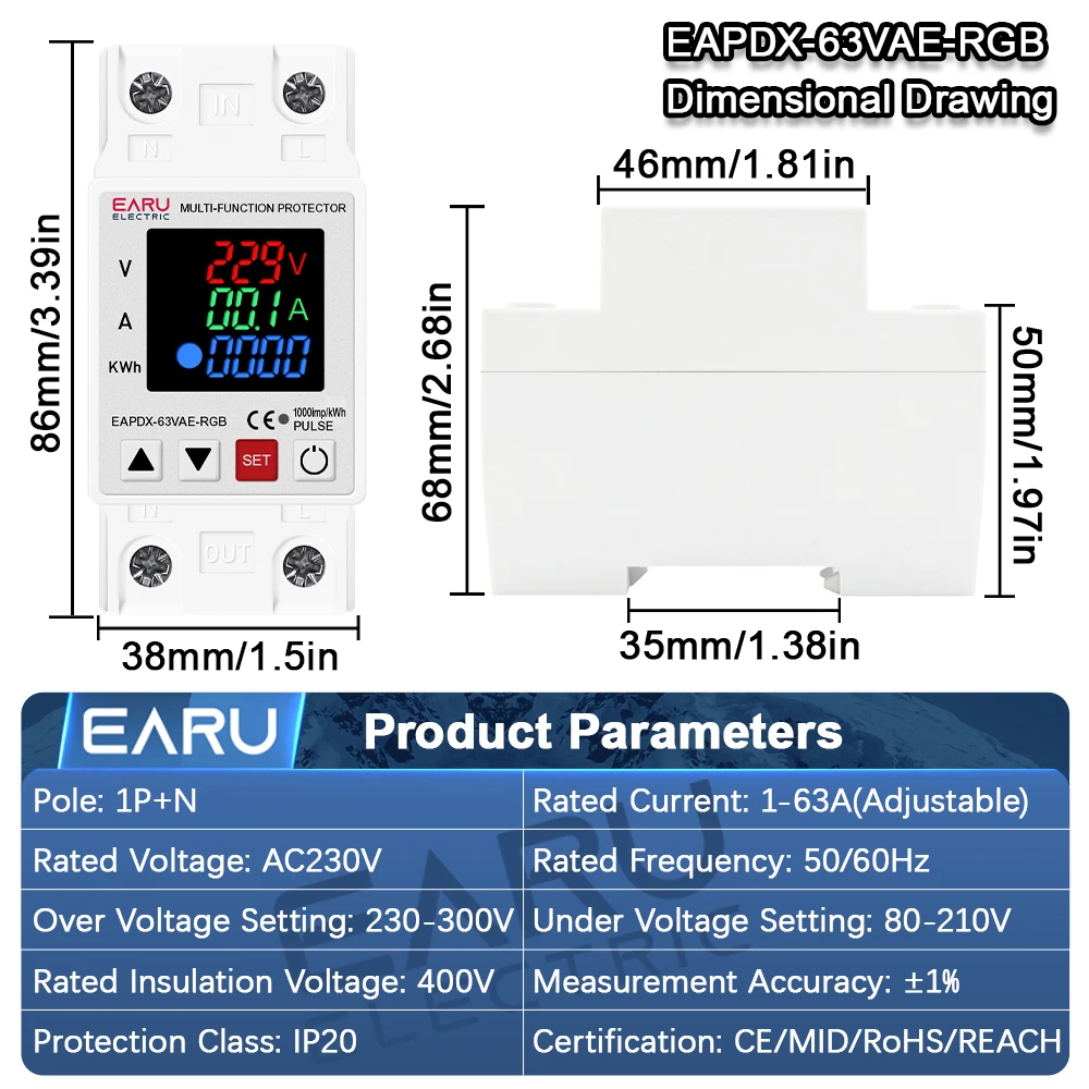 EARU 63A 230V Adjustable Over Current Limit Over Under Voltage Protective Device Protector Relay Energy Power kWh Meter Display