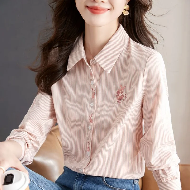 Women\'s Spring Autumn Korean New Polo Collar Striped Shirt Commuter Fashion Embroidered Button Casual Versatile Long Sleeve Tops