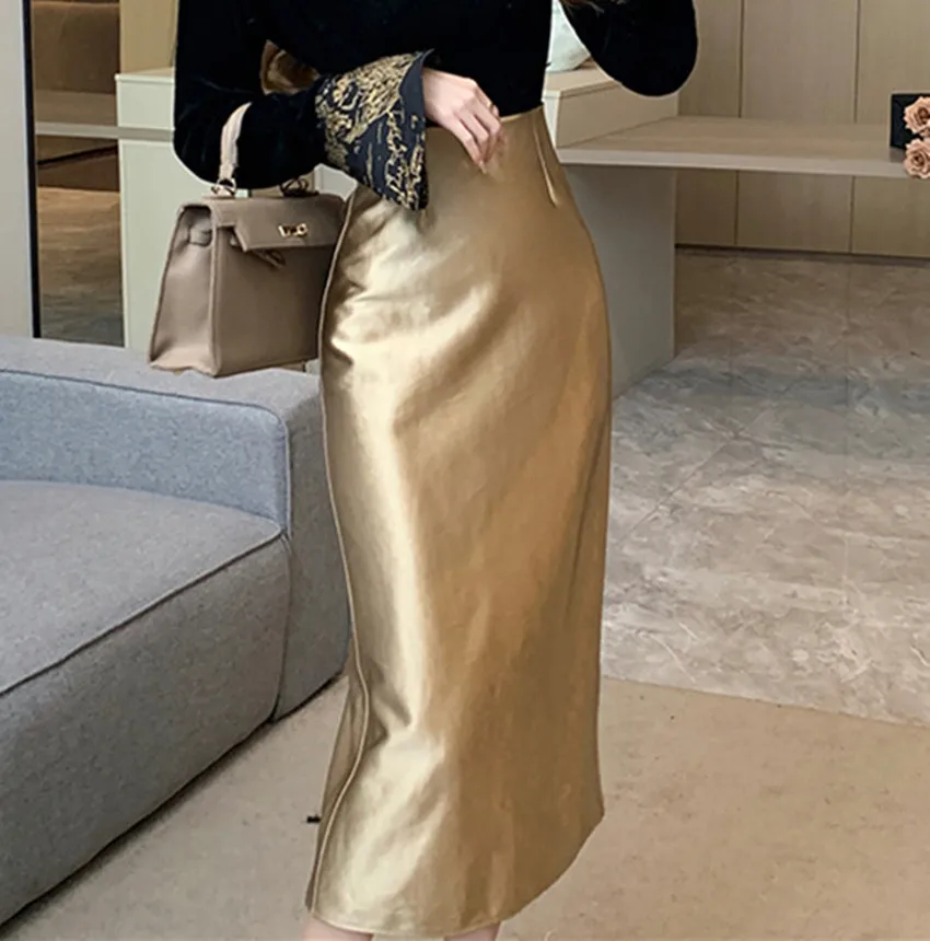 2023 New Fashion Autumn Winter Golden Leather Pu Bodycon Skirt Vintage Designer Women High Waist Office Ladies Split Midi Skirt