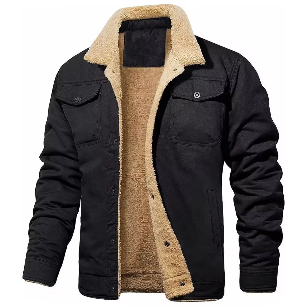 2024 Classic men's European size lapel multi-pocket coat autumn and winter with cotton fleece cargo casual cotton-padded jacket