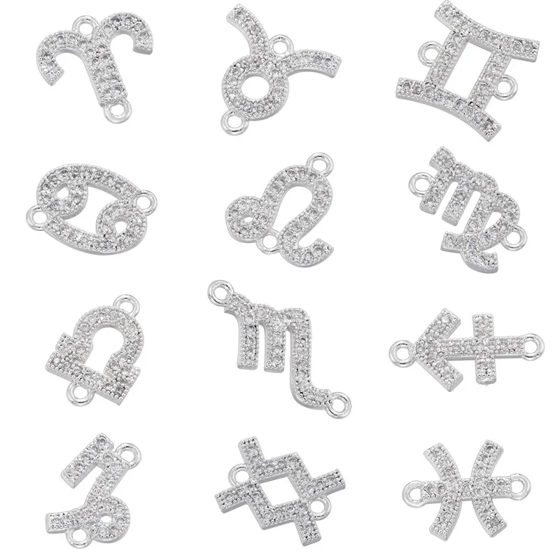 Juya 18K Gold Plated Micro Pave Zircon Copper Constellation Sign 12 Zodiac Charms Connectors For DIY Women Gift Jewelry Making