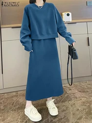 Casual Two Piece Outfit ZANZEA Fashion Long Sleeve Crop Top High Waist Long Skirt Set 2025 Spring Solid Suits Women Tracksuit
