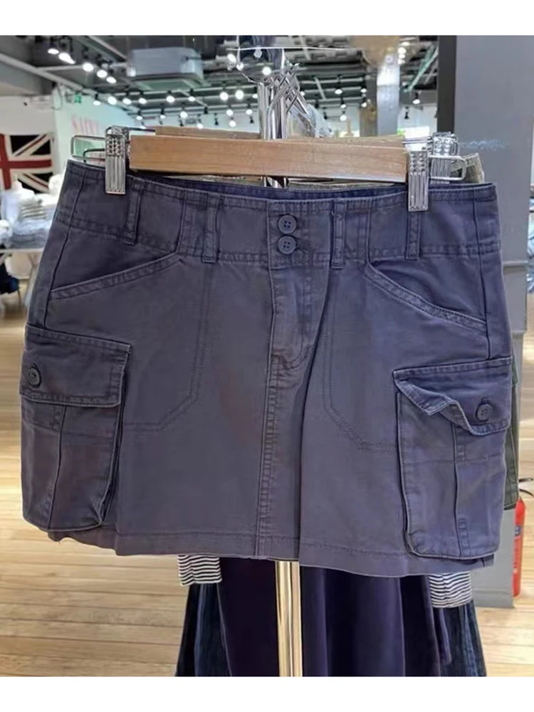 Casual Women Solid Cargo Pants Women Pockets High Waist A-line Mini Skirts Female Y2k Streetwear Cotton Bottoms 2023