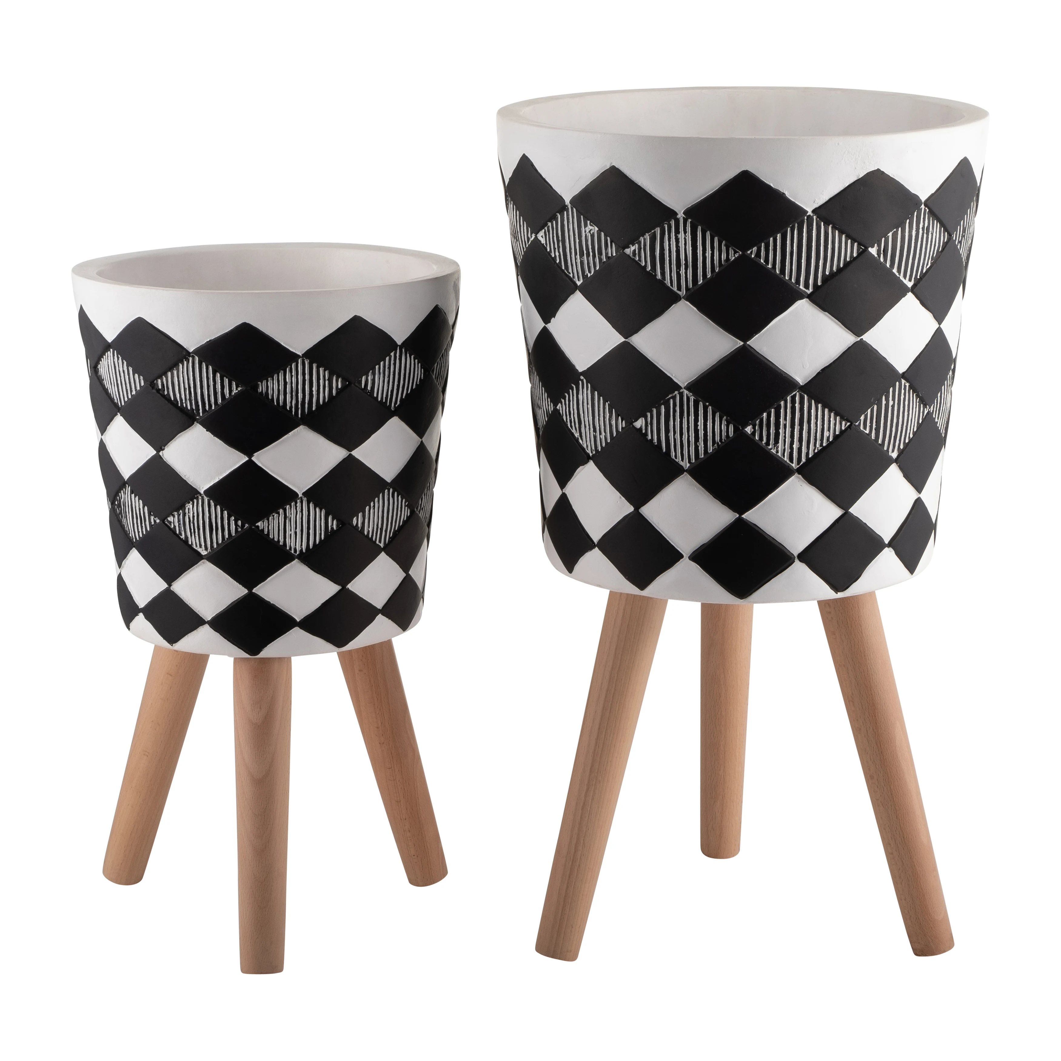 

Set of 2 10/12" Diamond Planters with Black Wood Legs, KD, and Terrazzo Design; Modern Indoor Flower Pots and Planters