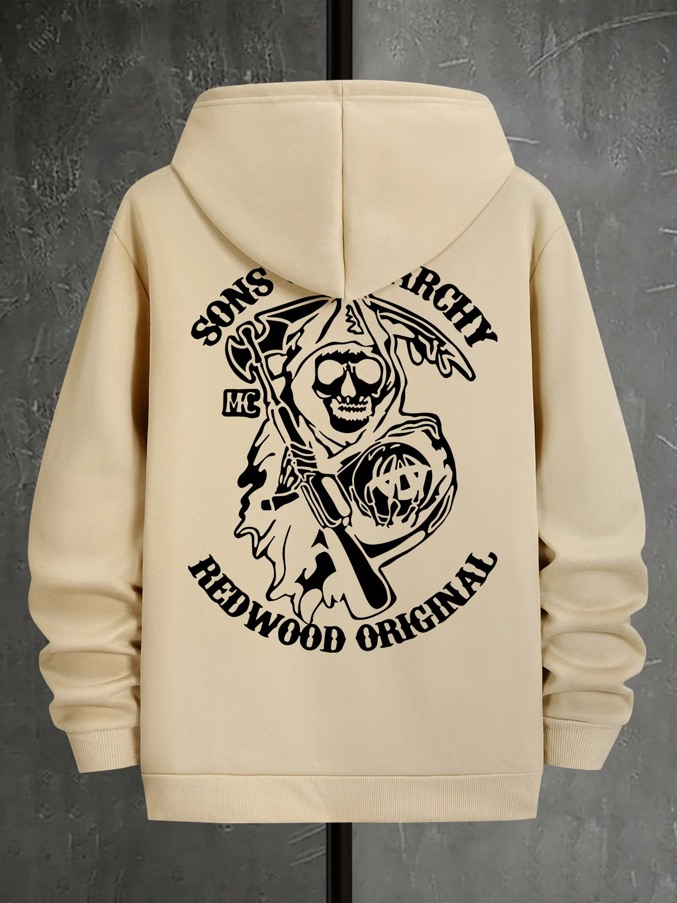 Sweater hoodie pria musim gugur dan musim dingin, model kasual longgar dengan desain tengkorak geometris di bagian belakang, lengan panjang, hangat.