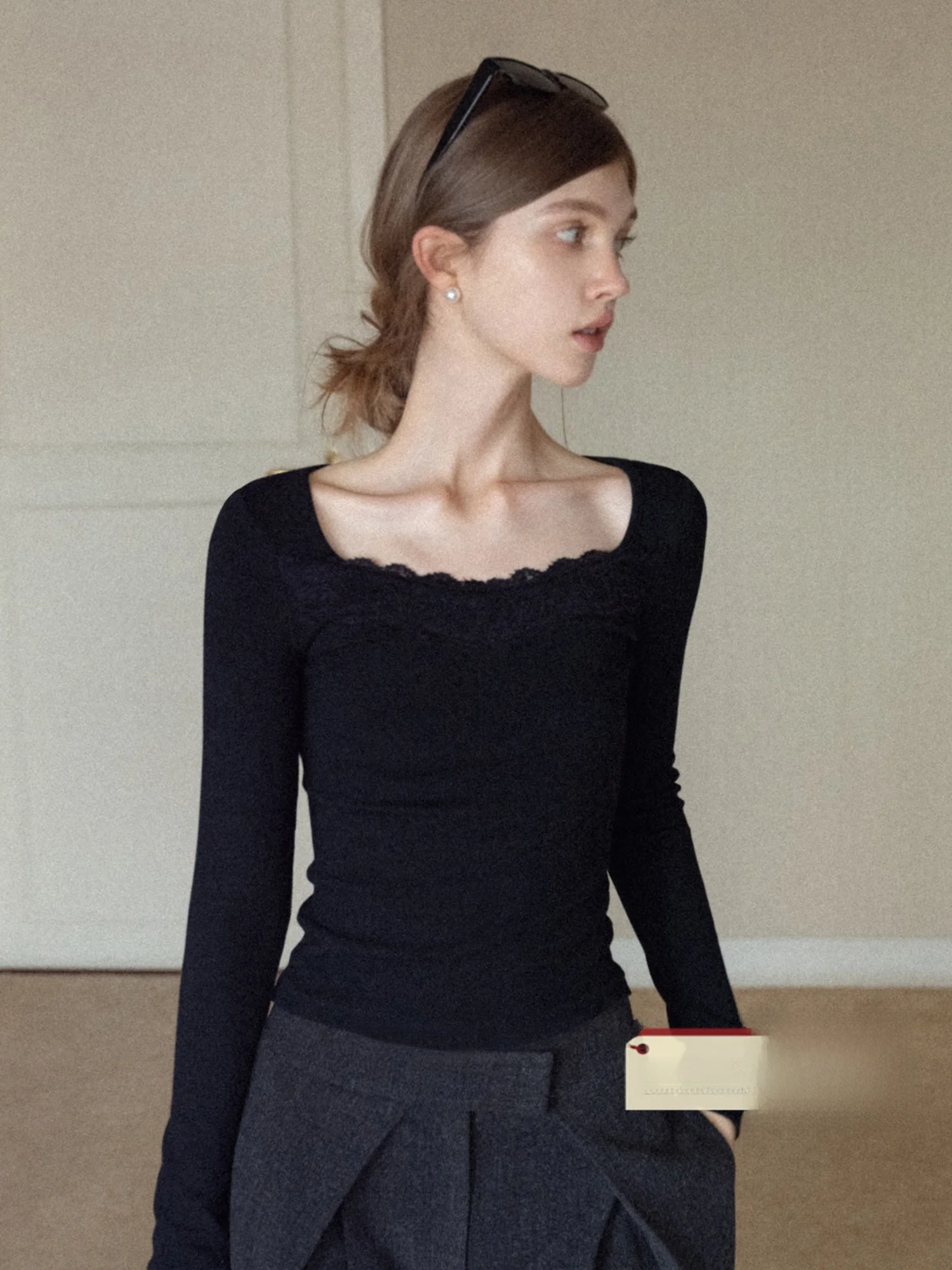 Eggka Black Lace Trim Slim Fit Short Sleeve Long Sleeve T-Shirt Women's Collar Gentle Sensitivity High Intelligence Perception