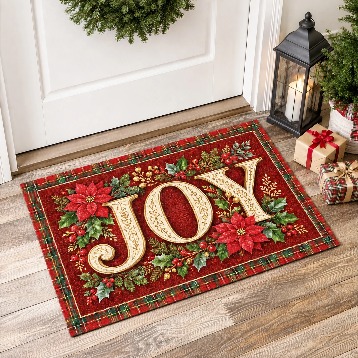 Christmas Housewarming Gifts Welcome Doormat Plaid Border Holly Berry Winter Holiday Mats Anti-slip Front‑Door Home Decor Rug