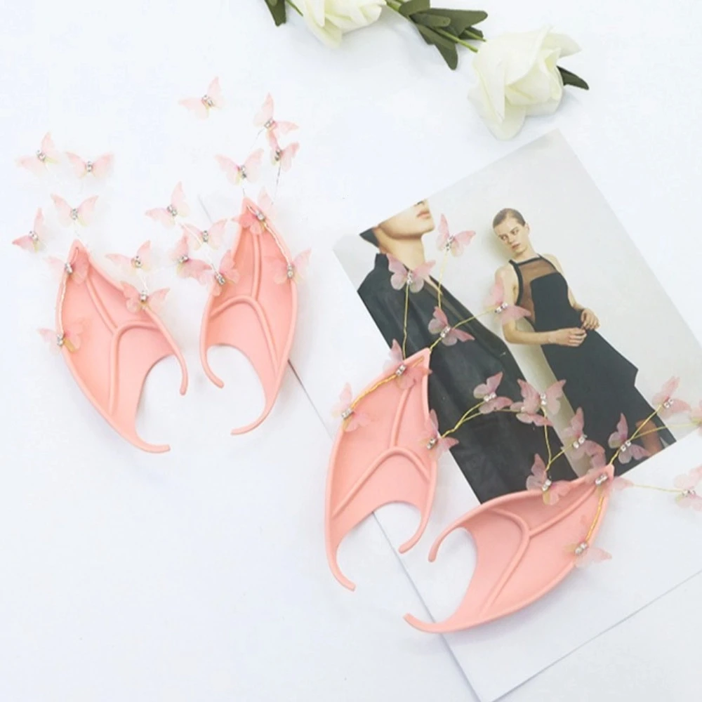 

Cosplay Halloween Elf Ears Pearl Alloy Forest Butterfly Halloween False Ears Fake Piercing Earrings with Earring Dangle