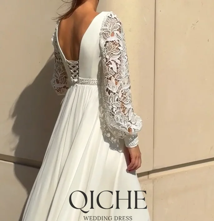 QICHE عميق الخامس الرقبة الدانتيل كم طويل فساتين الزفاف مخصصة ألف خط الجانب عالية الشق فستان زفاف مشد الظهر vestidos de novia