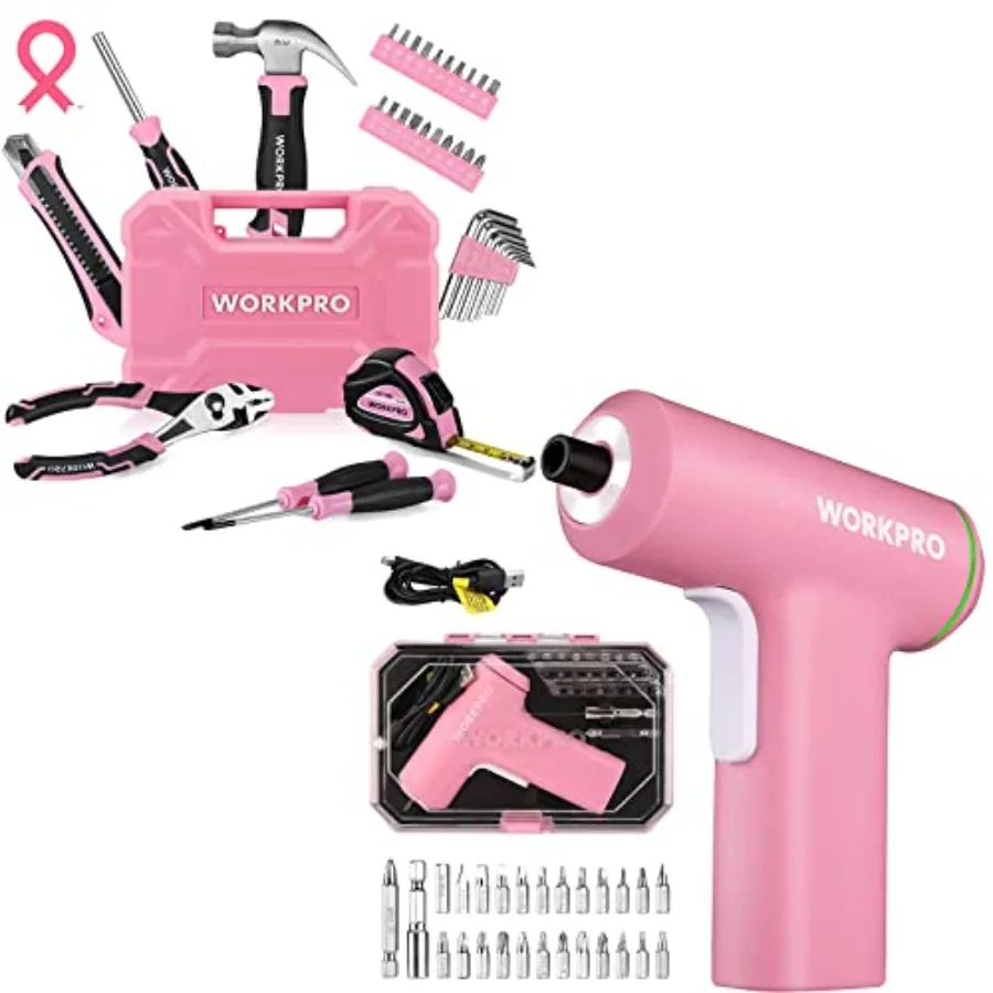 

Набор розовых инструментов из 35 предметов + набор розовых беспроводных электрических отверток 3,6 В