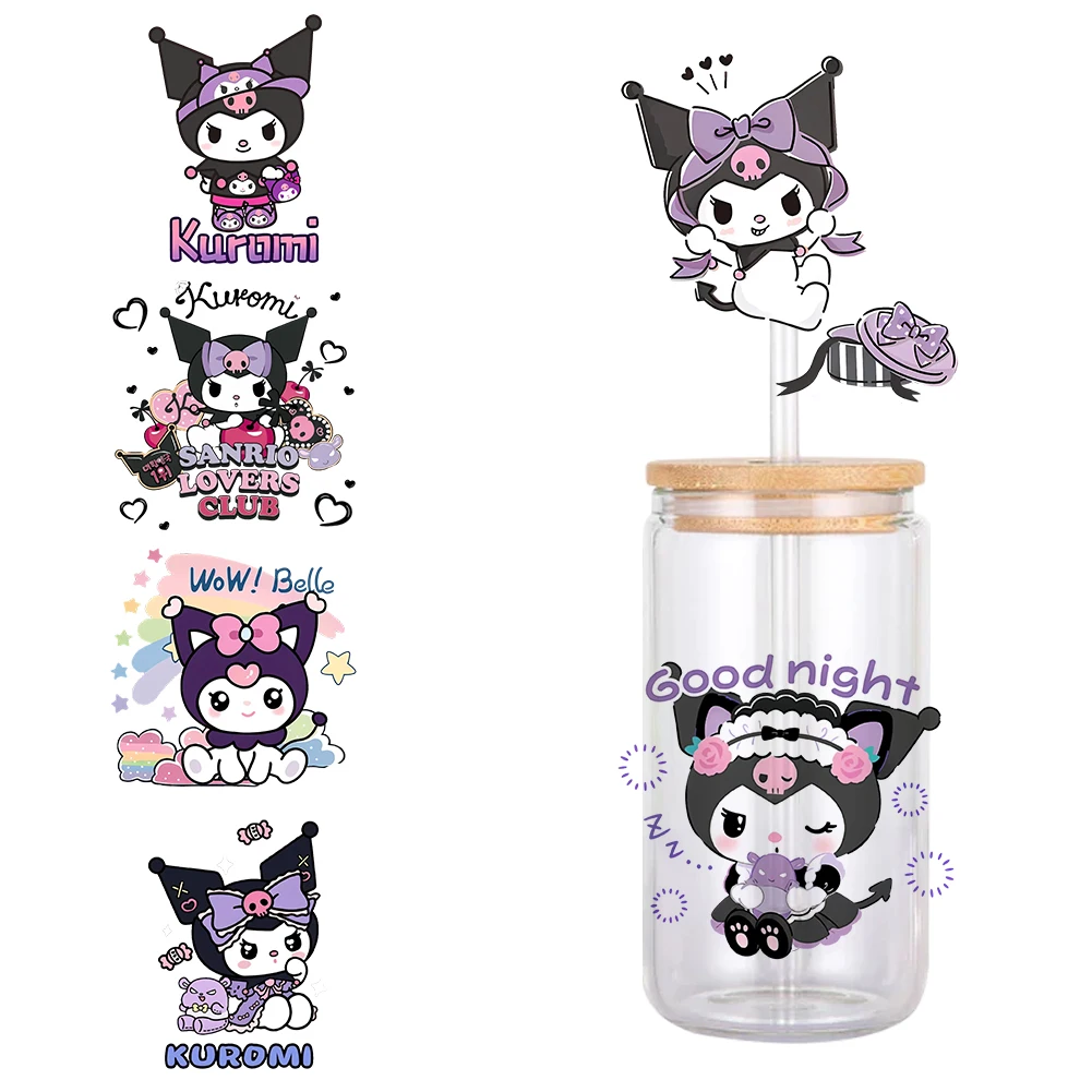 

11x11cm Cute Kuromi Sanrio Cup Sticker Waterproof UV DTF Cup Wrap for 16Oz Libbey Glass Can DIY Transfer Sticker