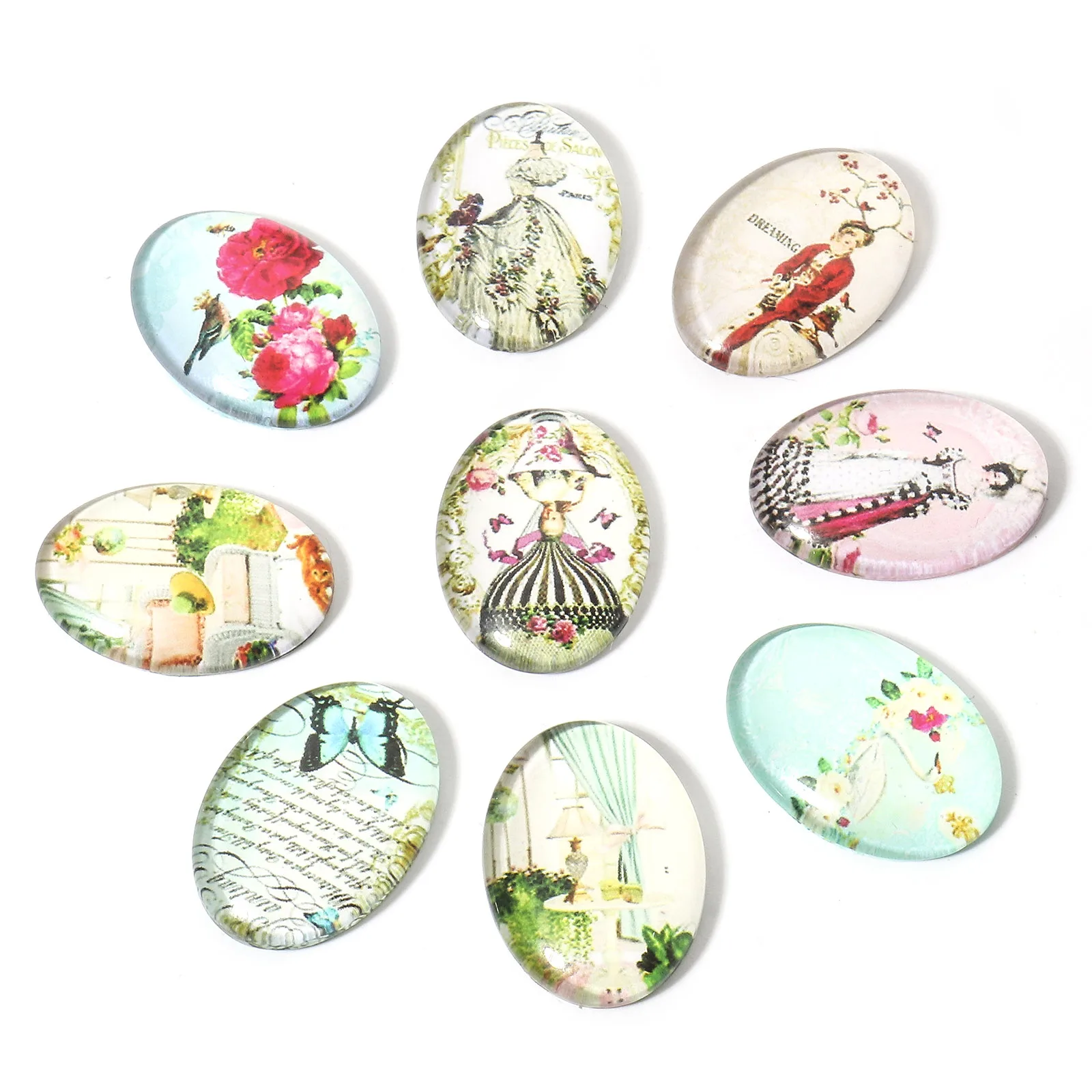 20PCs Oval Glass Cabochon Flower Butterfly Pattern Glass Dome Seals Flatback Making Jewelry Findings For Badge Keychain 25x18mm