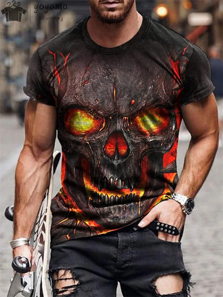 Men\'s T-Shirt Vintage Punk Short Sleeve Skull Print Men Top Oversized Casual Hip Hop T Shirt Summer O Neck Men\'s Tee Clothing