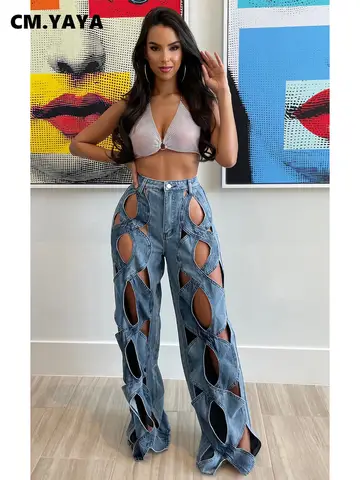 CM.YAYA Dam Vintage Cutout Hollow Out Criss Cross Raka Denimbyxor 2024 Mode INS Högmidjade Vida Jeansbyxor 10 best sales utskurna jeans - №1
