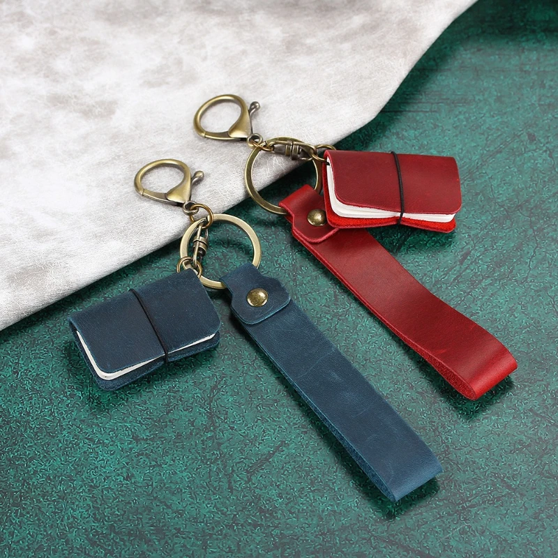 Custom Name Mini Travel Notebook Keychain Crazy Horse Leather Journal Pendant Bag Charm - view 3