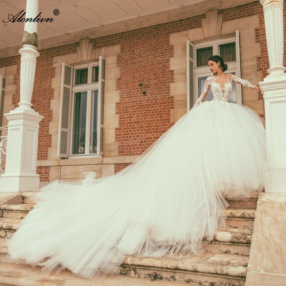 

Alonlivn Elegance Puff Ball Gown Wedding Dresses Royal Train Sliky Tiered Tulle Full Sleeves V-Neck Bridal Gowns