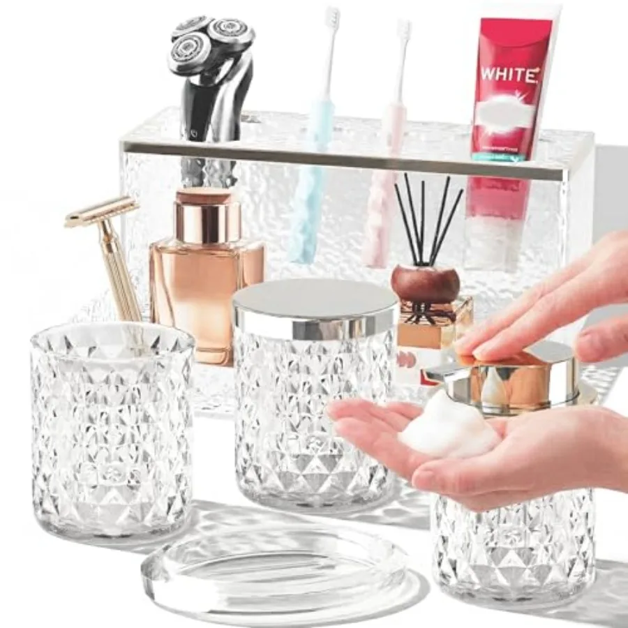 

Glass Bathroom Accessories Set 5Pcs Crystal - Foaming Soap Dispenser, Soap Dish, Cup, Acrylic Toothbrush Holder with Tray Organ