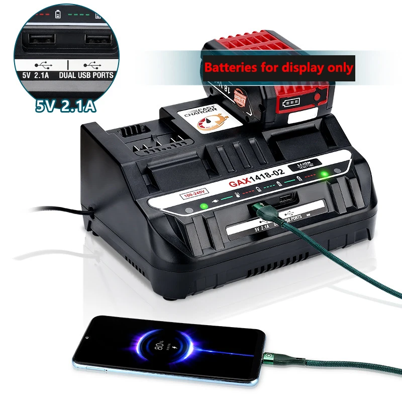 HAKSINKY Portable Dual-Charger Lithium Battery Fast Charger with Dual USB Ports for Bosch 18V Battery Power Tool Battery Charger