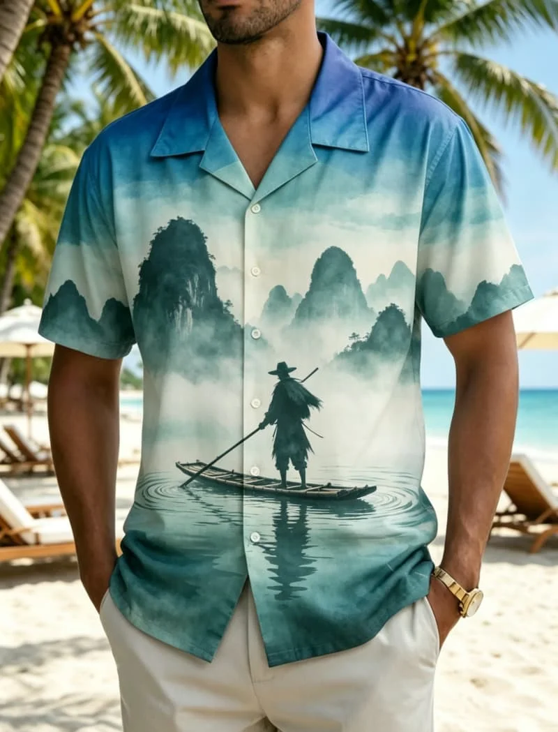 Men's landscape art printed Hawaiian shirt, suitable for summer activities, outdoor travel, casual styling, and daily wear