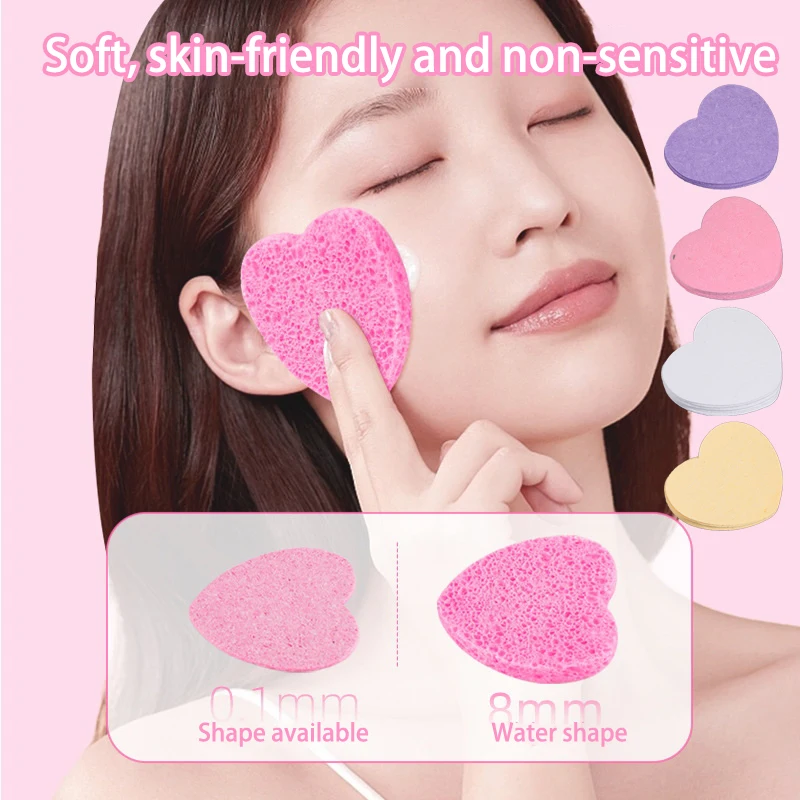 10pcs Facial Sponges Heart Shape Compressed Facial Natural Wood Pulp Cotton Facial Cleansing Pads Exfoliating For Cleansing