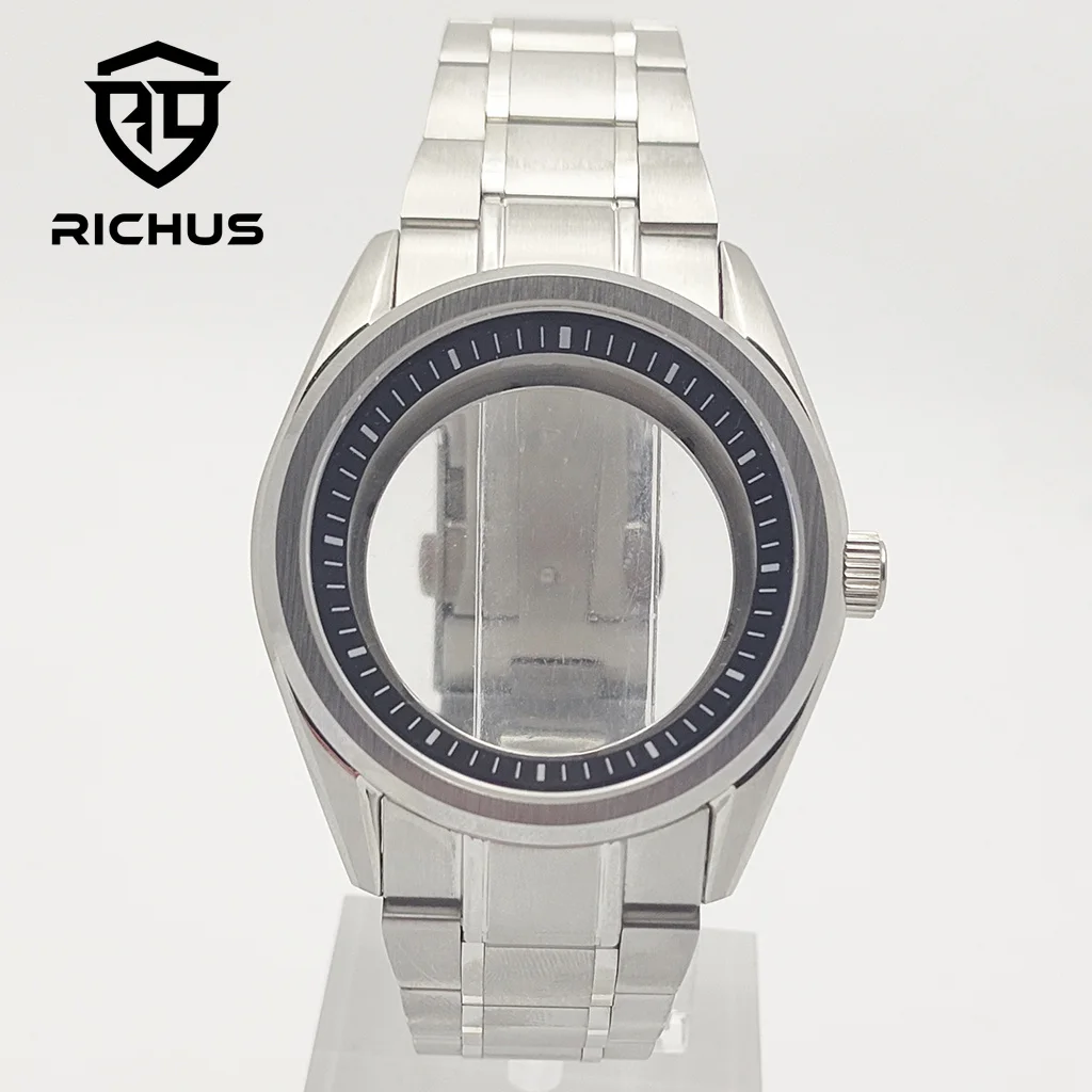 RICHUS NH35 Watch case 40mm silver watch case with strap sapphire glass Fit NH34 NH35 NH36 Movement