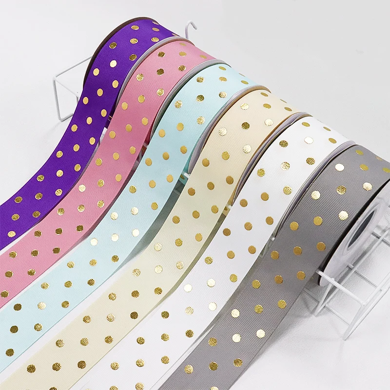 

Wholesale 1-1/2'' 38mm Gold Foil Polka Dots Printed Grosgrain Ribbon For Accessory Headwear Decoration DIY Sewing