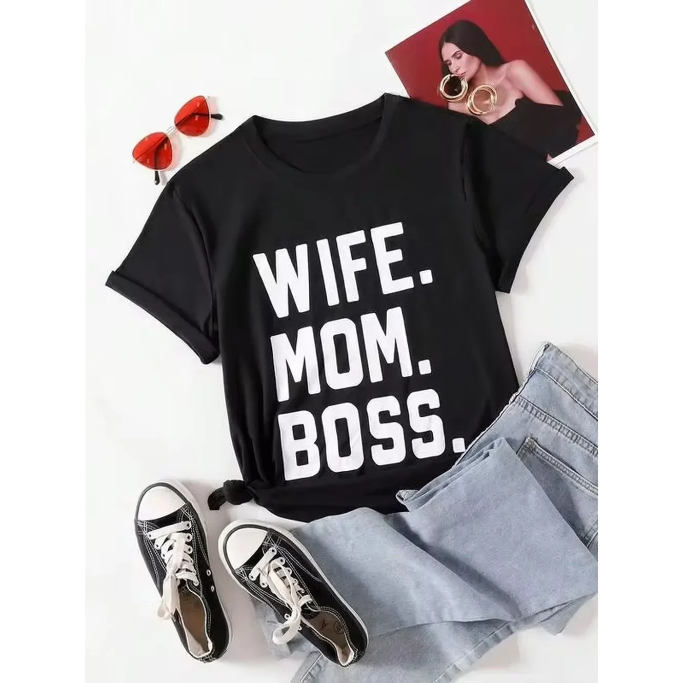 Camiseta con gráfico de eslogan WIFE MOM BOSS para el verano, camiseta para el día de la madre, regalo para madre