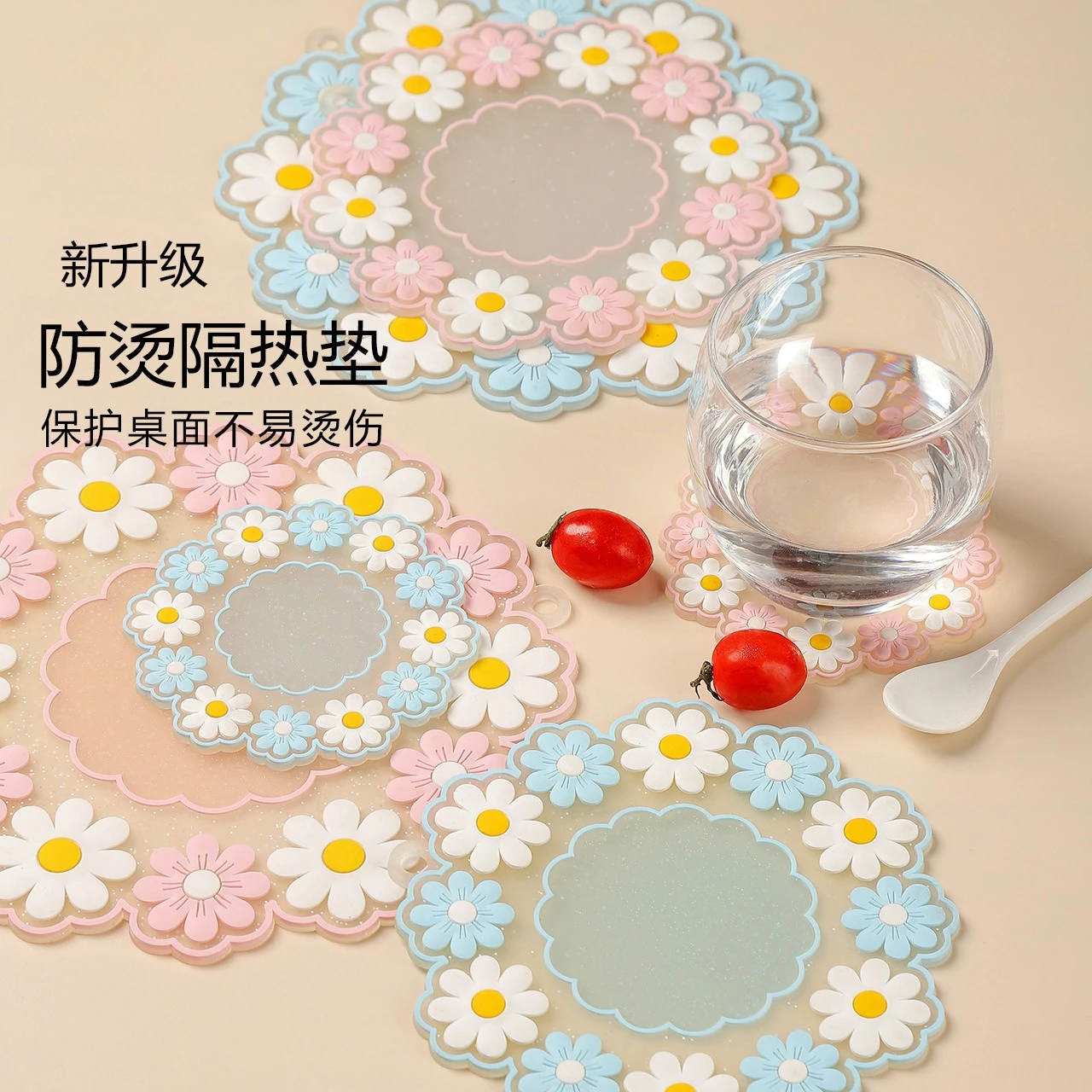 Beautiful Floral Coaster 10cm Small PVC Dining Mat Anti Slip Light Blue Color Coffee Cup Coaster