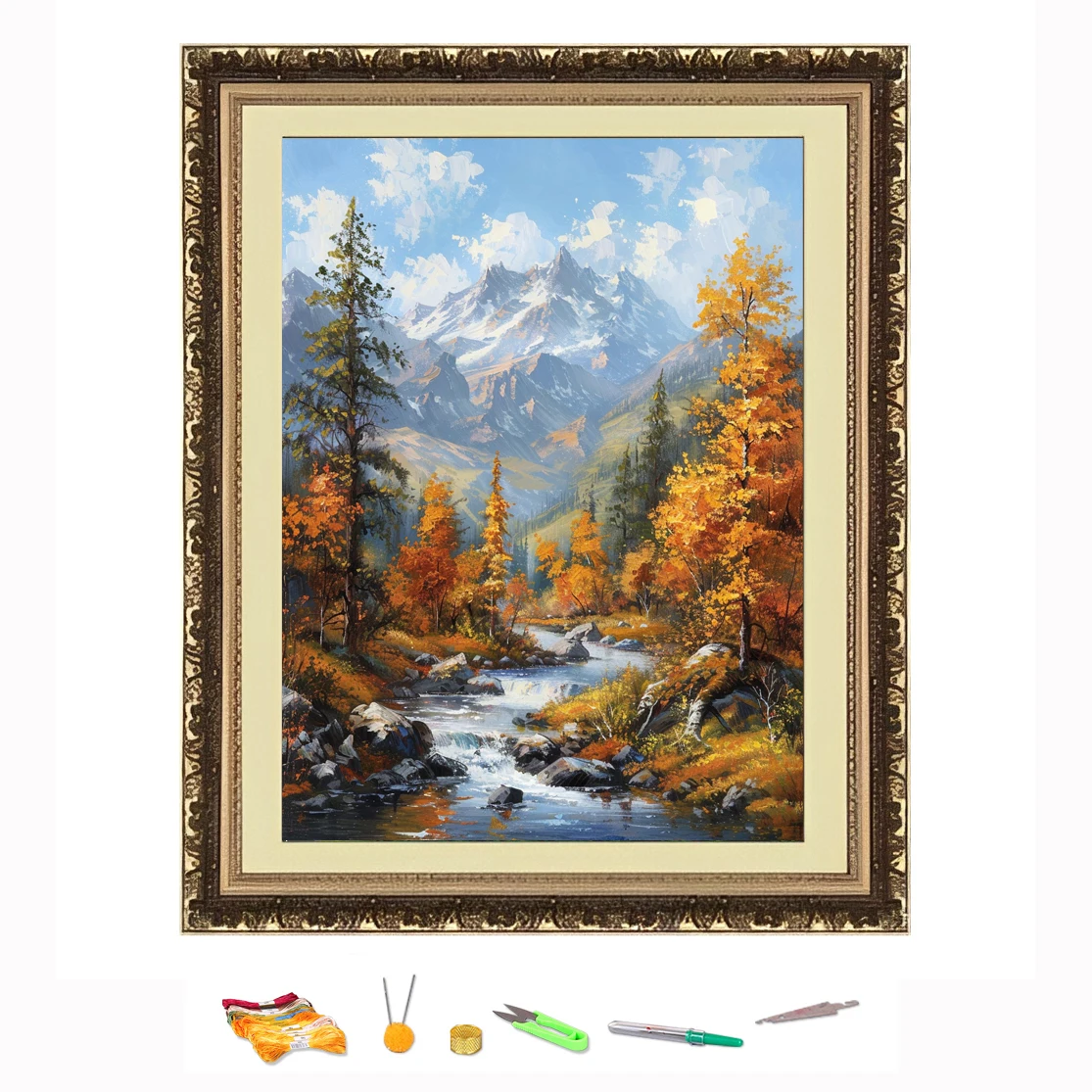 Cross Stitch Embroidery Autumn Mountain Stream Scenery Thread Drawing DIY Needlework Kit Decorate Printed on Canvas 11CT