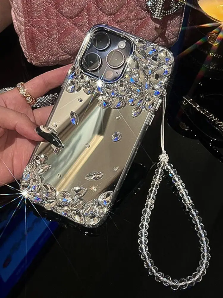 

15 Pro Case Luxury Glitter Diamond Designer Mirror Bling Rhinestones Shiny Strap Cover for iPhone 13 16 Plus 15 Pro Max 11 12