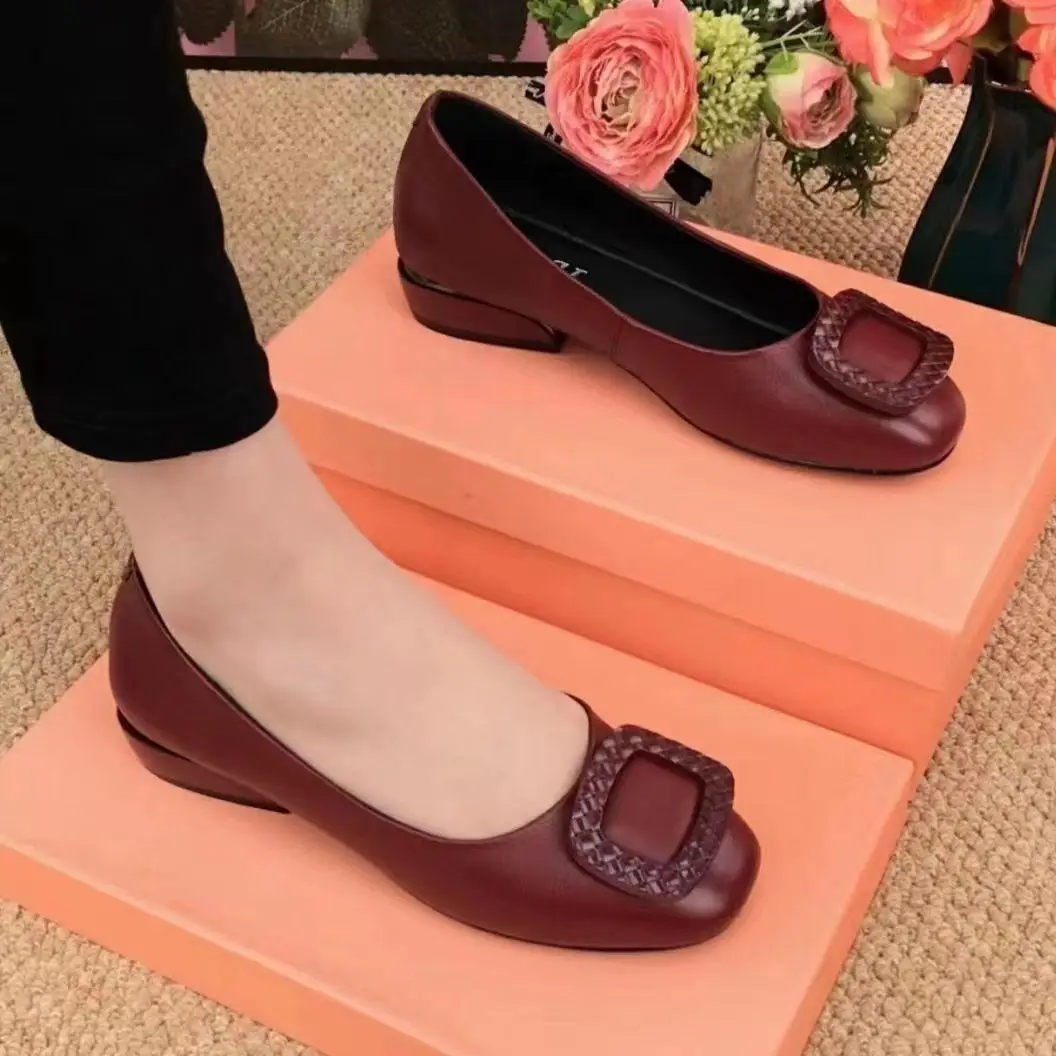 Women Flats Shoes 2022 Casual Solid Color Slip On Lady Square Heel High Quality Comfort Party Wedding Office Shoes Zapatos Mujer