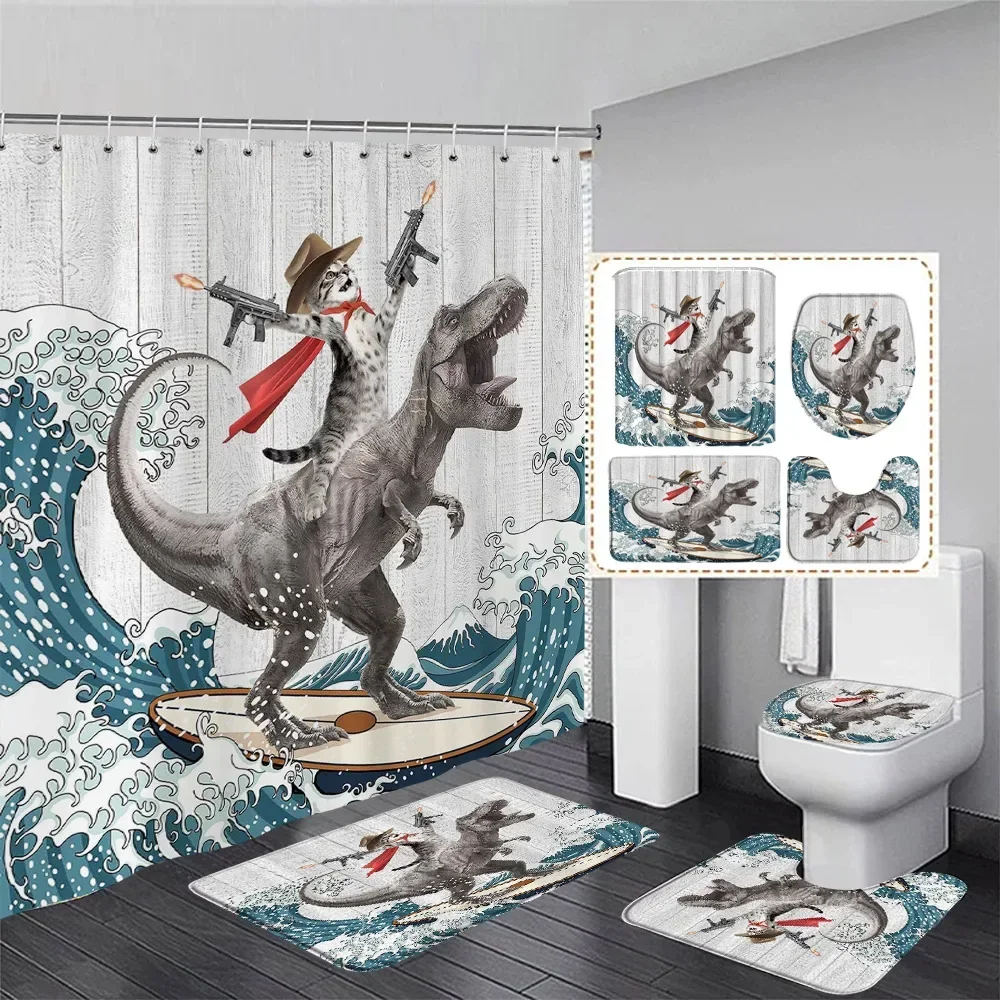 Funny Cat Riding Dinosaur Shower Curtain Set Cute Animal Sea Waves Starry Sky Creative Kids Bathroom Decor Bath Mat Toilet Cover