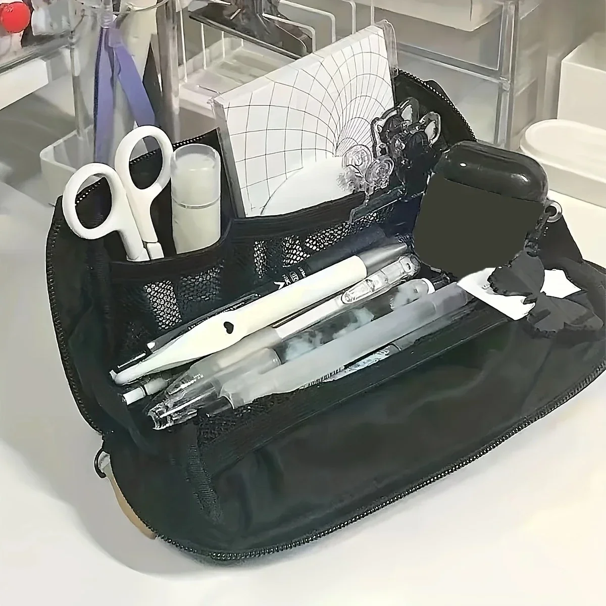 قطعة واحدة - مقلمة قماشية سوداء بسيطة مع حقيبة تخزين قرطاسية ذات سعة كبيرة، مستلزمات طلاب المدارس