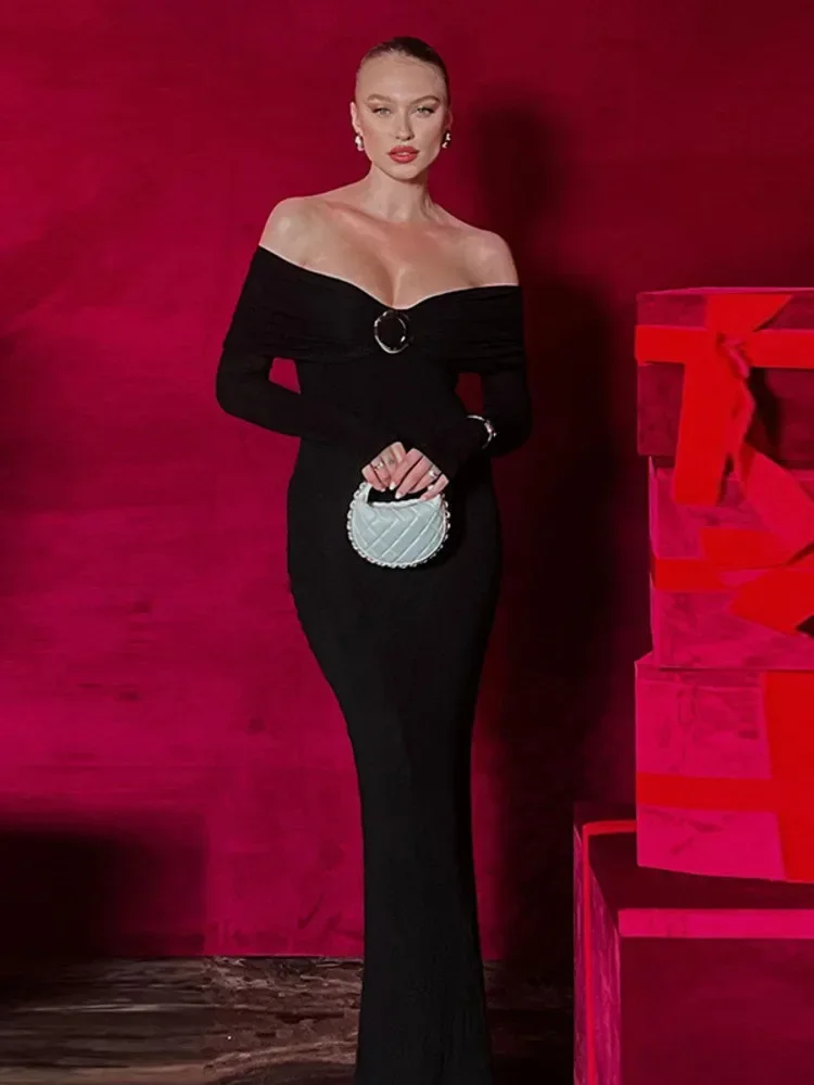 オフショルダー長袖セクシーマキシワンピース レディース 秋新作 ストラッ プレス バックレス ボディコン エレガント クラブ パーティー ロングドレス