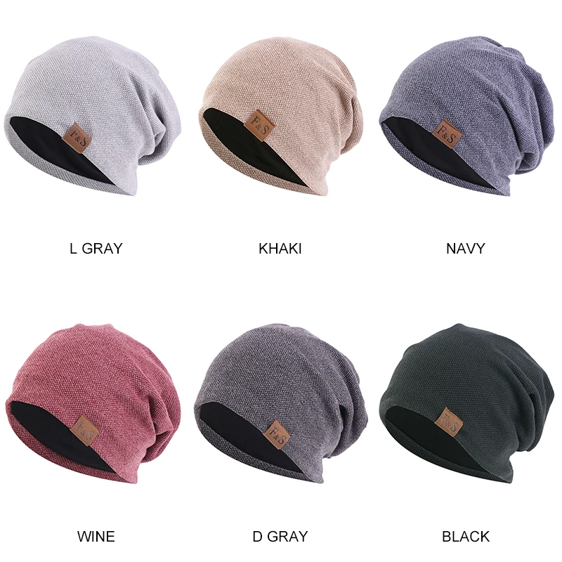 Men Women Slouchy Beanie Hat F&S Leather Label Knit Turban Soft Lined Casual Cap Autumn Winter Head Wrap