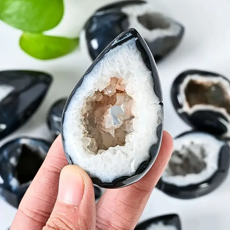 Natural Black Agate Geode Druzy Polished Crystal Cluster Quartz Rock Reiki Healing Stone Home Room Decoration Meditation Gift