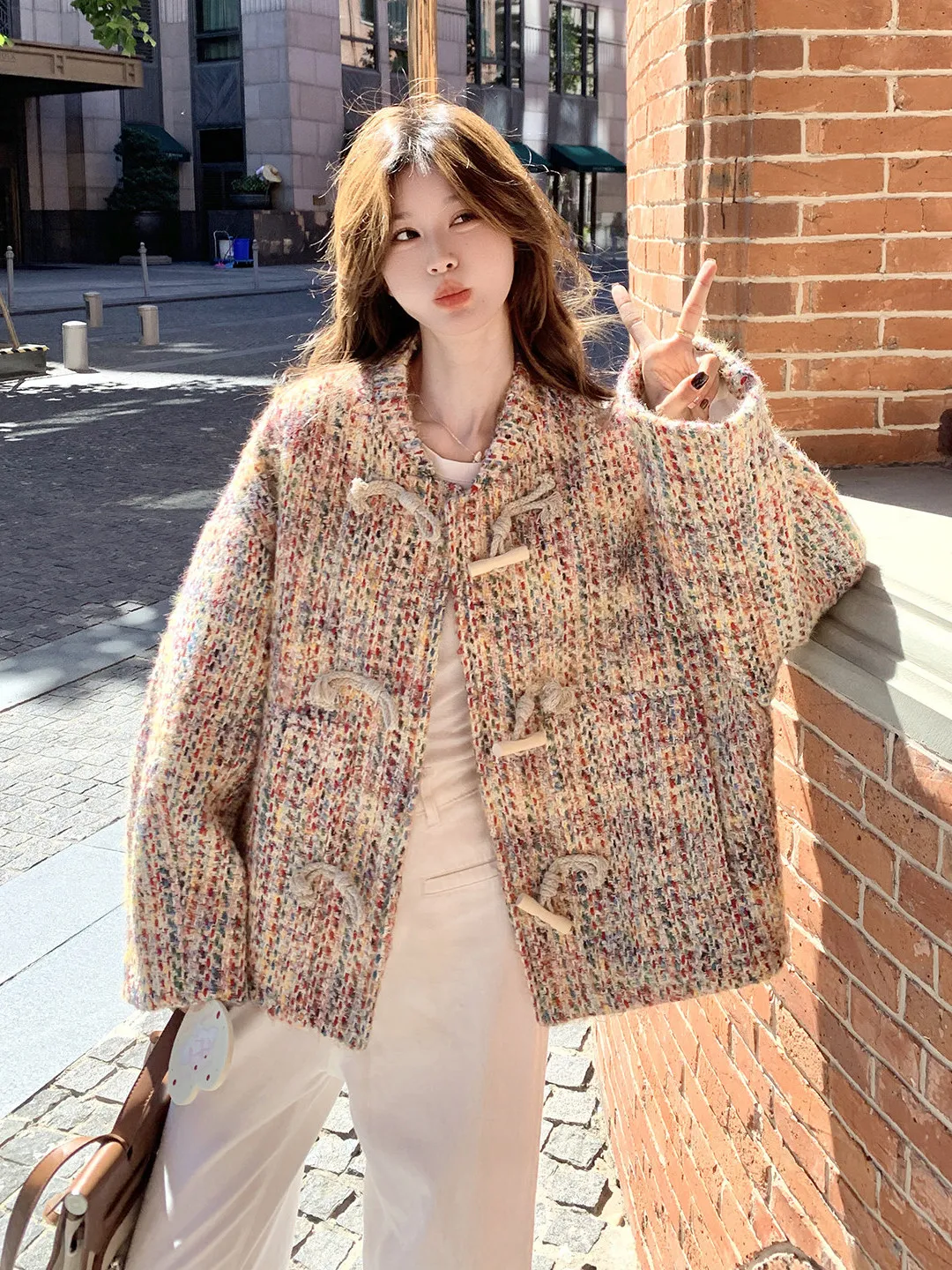  Tweed Coat Women's Autumn Winter New Korean Style Little Fragrance Wind Anti-Aging Personalized Horn Button Cotton J...