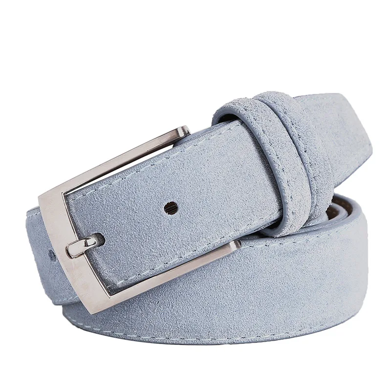 Sude riem koeienhuid echt leer voor man en dame met Oxford stoffen riem echt leer luxe pingesp blauw grijze riemen