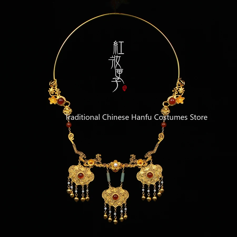 Original Vintage Golden Lock Tassel Necklace Ancient Chinese Style Agate Necklet Traditional Hanfu cheongsam Wedding Accessories