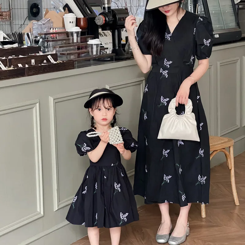 Mom and Baby Girl Princess Dress Like Mother Like Daughter Dresses Elegant and Pretty Same for Women\'s Blue Short Sleeve Frocks