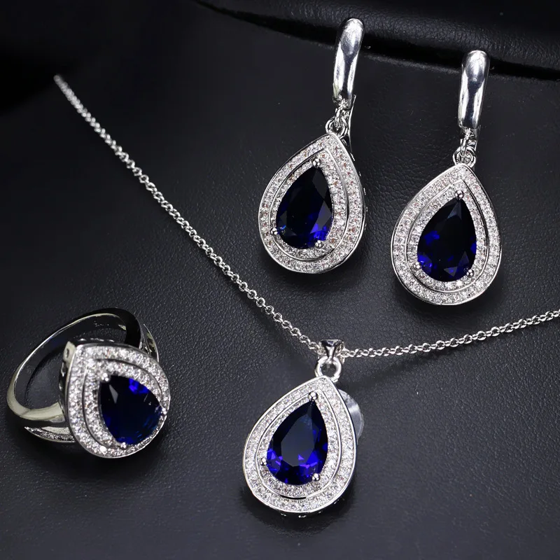 HuiSept Rings Earrings Necklace 925 Silver Jewelry Set for Women Wedding Party Water Drop Shape Sapphire Gemstone Gift