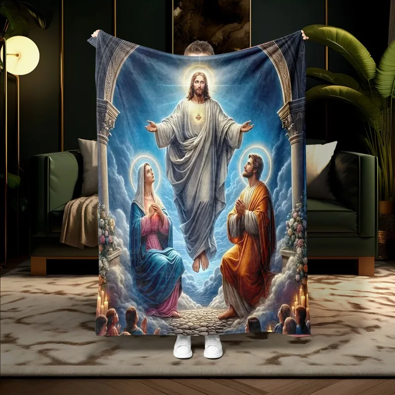 1PC Jesus Portrait Blessing Throw Inspirational Gifts and Prayers Religious Blanket Soft Cozy Warm Blankets for Women Men Gift