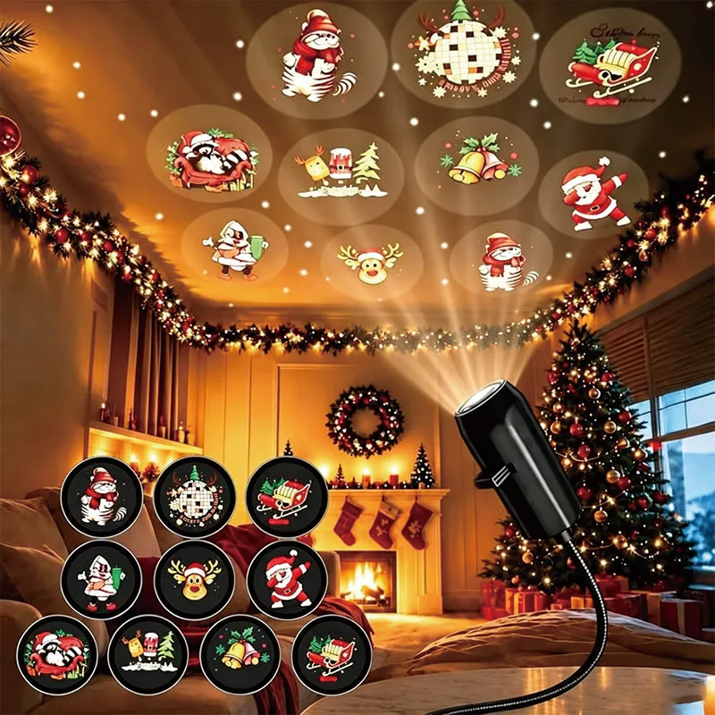 Christmas Projector Light USB 5V Night Light LED Ambiance 10 Modes Switchable Pattern Projection for Santa Claus Snowman Moose