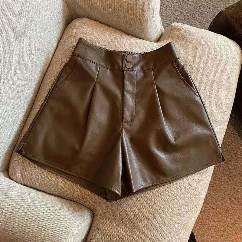 Women Chic Fashion Side Pockets Black Faux Leather Shorts Vintage High Waist Zipper Fly Female Short Pants Mujer PU Y2k Sexy