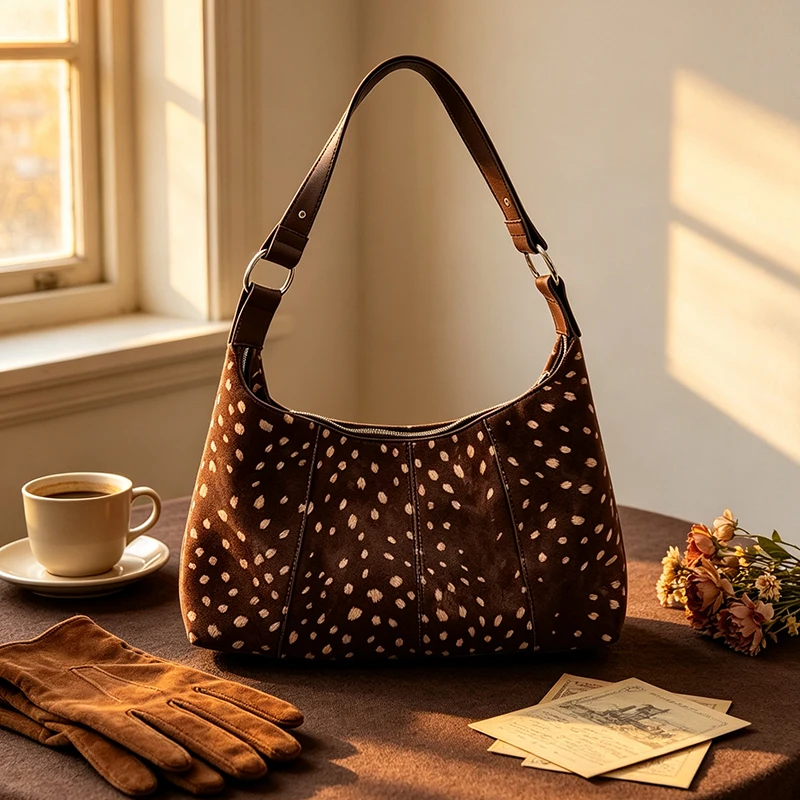 Deer Spots Schultertasche aus Kunstwildleder, Vintage-Handtasche für Damen, ideal für den Alltag im Herbst und Winter, große Kapazität, weich, lässig, mit Reißverschluss. – Detail 5