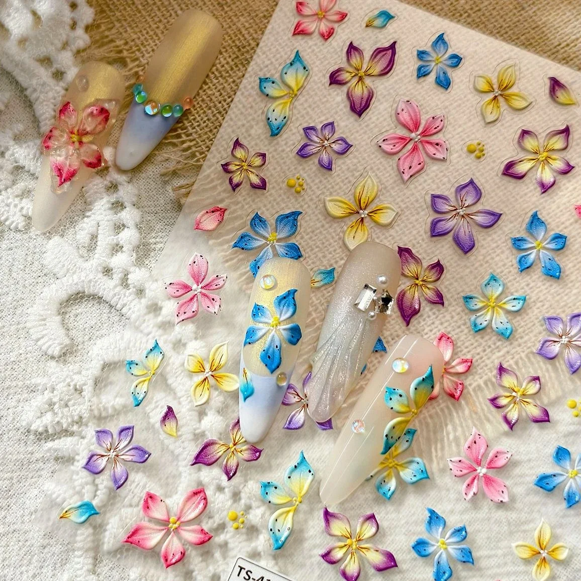Colorful Embossed Flower Romantic Blooming Petal Yellow Stamen Jelly Floral Garden Nail Art Decoration Stickers Manicure Decals