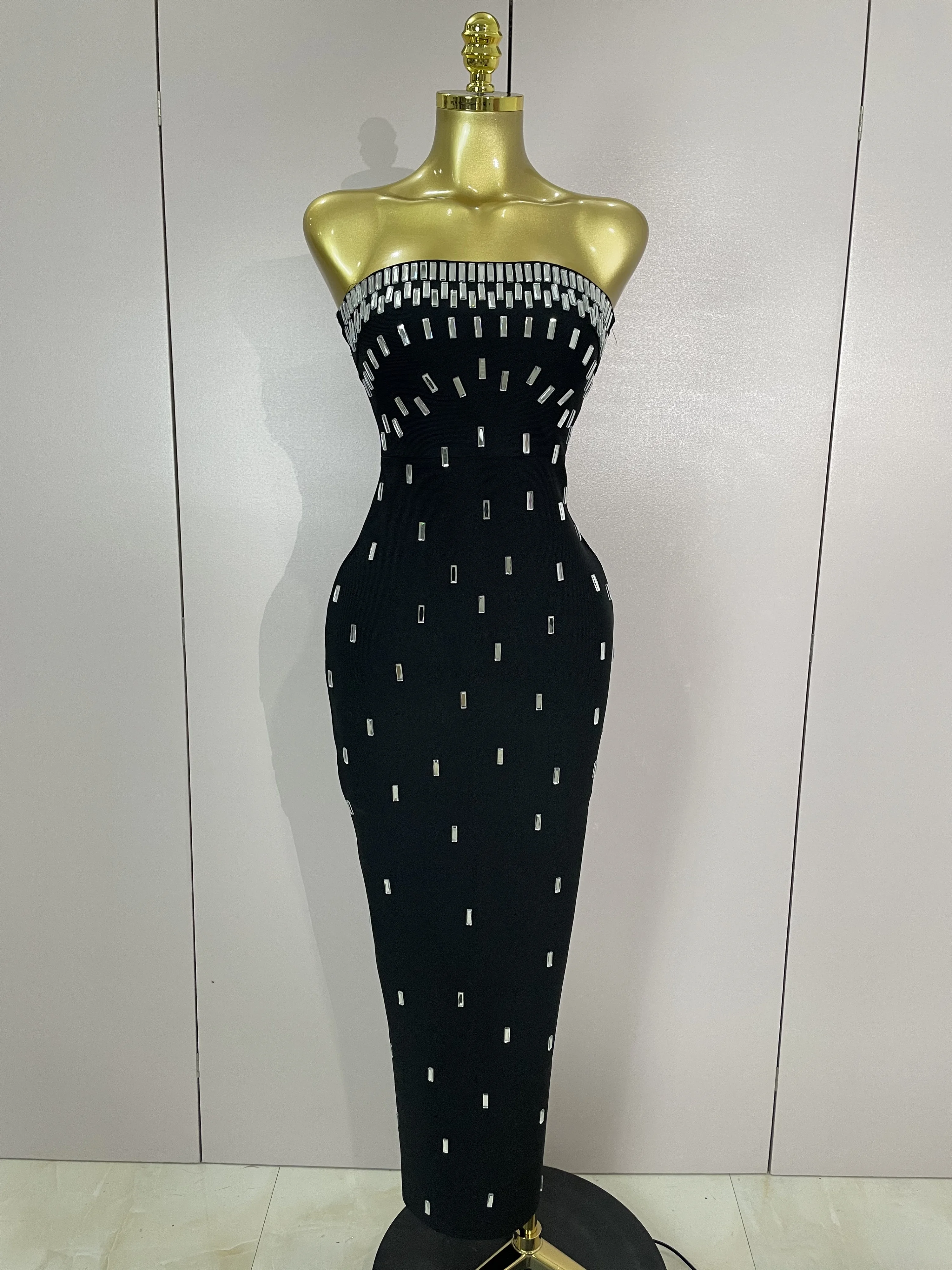 

Luxury Rhinestone Sexy Strapless Bodycon Bandage Dress Women Celebrity Elegant Evening Prom Gown Birthday Wedding Guest Dress