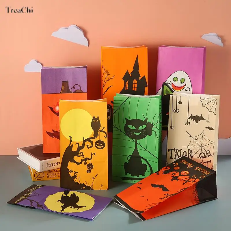 

Halloween Kraft Paper Bag Candy Chocolate Food Gift Bag Packaging Supplies Wholesale 50Pcs/lot Ghost Pattern Shopping Bags