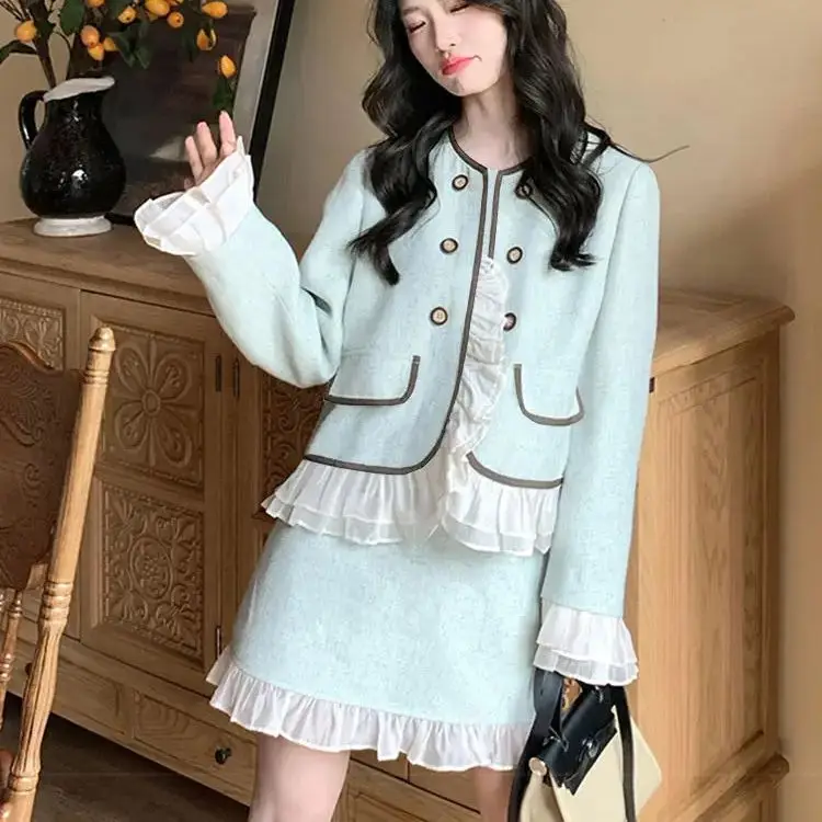 Skirt Suit High Quality Stitched Design Button Top French Retro Daily Long And Short Two-Piece Set Small Fragrant Blue Suit